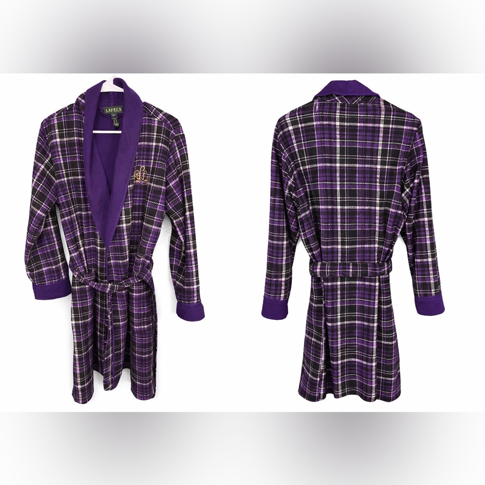 💜 Lauren Ralph Lauren Purple Plaid Fleece Robe RL Monogram Belted Women’s M